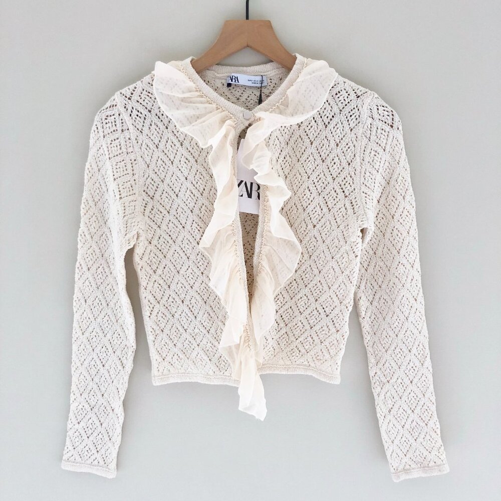 NWT ZARA Pointelle Knit Ruffled Blouse - Picture 2 of 5